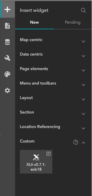 Experience Builder Insert widget panel showing xUI in the Custom group