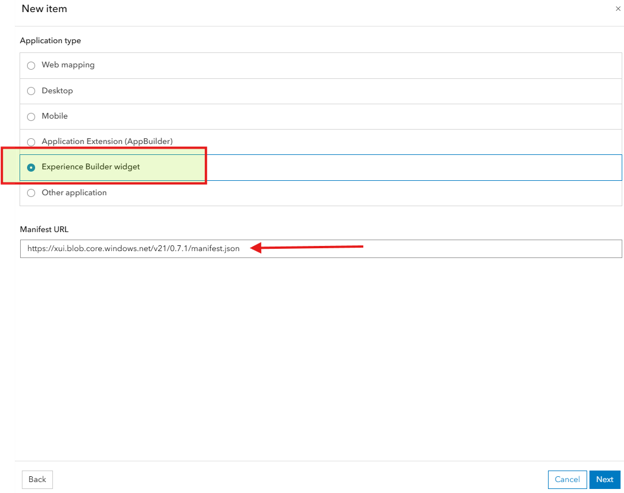 New item dialog with Experience Builder widget selected